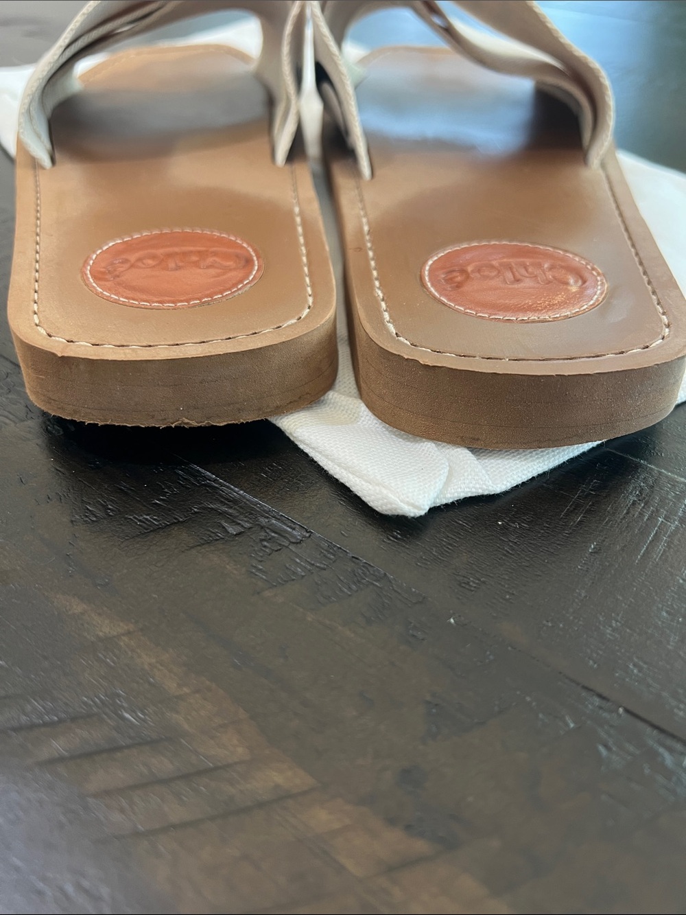 Women’s Leather Slide Sandals in Tan with Logo Canvas Straps - Picture 4 of 6